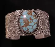 Navajo Kevin Ramone Royston Turquoise Stamped Cuff Bracelet Sterling Silver