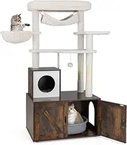 Costway Cat Tree with Litter Box Enclosure, 1.5 m Tall Cat Tower w/Hidden Washroom, Scratching Posts, Hammock, Dangling Ball, Basket Bed, Multi-Level Cat Condo Furniture for Indoor Cats