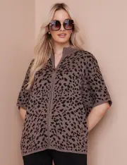 NONI B - Womens Jumper - Winter Cardigan Cardi - Brown Sweater - Jacquard Zip - Mocha Animal Print - Short Sleeve - Warm Cozy Style Casual Work Wear