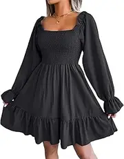 [Aosufei] Women's Square Neck Crewneck Swing Dress Lantern Long Sleeve Ruffle Dress Solid Color Flowy Party Mini Dress