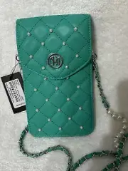 Badgley Mischka Pearls Strap Phone Case with Diamond Quilting and Pearls -Green-