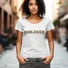 Bonjour Text Leopard Pattern Tee, Animal Print French Style Unisex Cotton Top