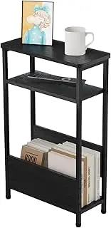 THUMEYE 7.1" Narrow Side Table for Small Spaces, 3 Tier Small End Table with Magazine Holder, Slim/Skinny Nightstand/Bedside Table for Living Room, Bedroom, 15.4" L x 24.2" H, Black