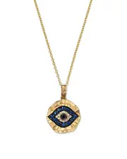 White Diamond, Black Diamond and Blue Sapphire Evil Eye Pendant Necklace in 14K Yellow Gold, 18