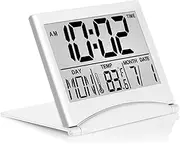 Betus Digital Travel Alarm Clock - Foldable Calendar & Temperature & Timer LCD Clock with Snooze Mode - Large Number Display, Battery Operated - Compact Desk Clock for All Ages (Silver)
