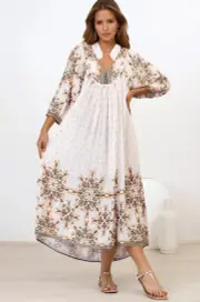 JAASE - Boheme Midi Dress: Piping Defined Bust Slimline Smock Dress In Gemstone Print