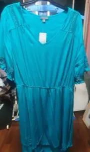 Autograph Woven Short Sleeve Teal Embroidered Dress, sz 18, new with tags, boho