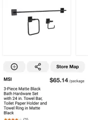 MSI 3-Piece Matte Black Bath Hardware Set 24" Towel Bar, Toilet Paper Holder