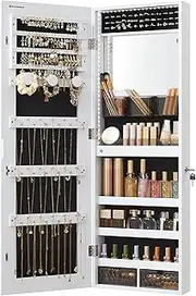 SONGMICS Jewelry Cabinet Armoire Organizer with LED Lights, Wall-Mounted Storage Cabinet with Full-Length Frameless Mirror, Built-in Makeup Mirror, 2 Drawers, Lockable, White UJJC013W01