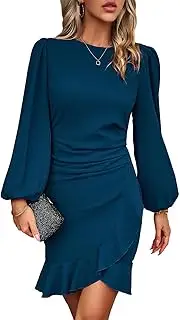 [ZPLxi] Women Elegant Ruffle Hem Lantern Sleeve Vintage Dress Slim Short Mini Formal Dress Casual Club Cocktail Party Bodycon Office Dress
