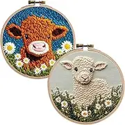 YANGUN Punch Needle Kit for Beginners, 2 Pcs Embroidery kit, Hooking Kit for Kids Adults, Cute DIY Art Crafts, Perfect for Festival Decorations & Gifts,Includes Threader Fabric Yarns (Cow +Sheep)