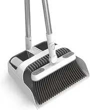 Broom and Dustpan Set for Home, Long Handle 180 Degree Rotating Broom Set, Upright Standing Dust Pan with Comb Teeth for Room Kitchen Office Floor Clean(White)