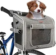 Dog Bike Basket, Expandable Soft-Sided Reflective Pet Carrier Backpack with 4 Open Doors, 4 Mesh Windows for Medium Small Dog Cat Puppies (Grey)