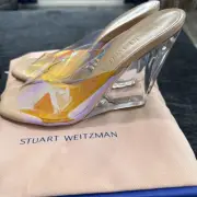 Stuart Weitzman NWB $450 Tia Leather/Lucite Wedge Sandals Size 7 White/Clear NIB