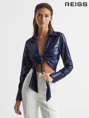 Reiss Dark Blue Hannah Tie Front Sequin Top (C04852) | $295