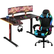 Advwin L Shape 160cm Gaming Desk RGB LED Light & Gaming Chair RGB LED Massage Office Chair Black & Blue