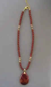 Lovely Rust Natural Coral Fossil Stone Pendant Necklace with Carnelian Beads
