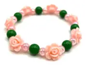 SPRING FLOWERS 7.5" Beaded Stretch Bracelet-Peach Roses with Green Beads EASTER