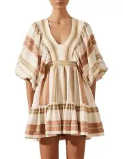 Shona Joy Dress BNWT Suzana Plunged Balloon Sleeve Mini Linen Sz AU/Uk 14 US 10