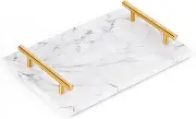 ATP Modern White Marble Tray with Gold Handles - Marble Perfume Tray - Rectangle Decorative Tray (Rectangle, White)