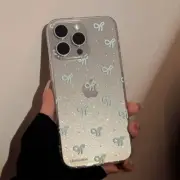 Glitter Blue Bow Tie Liquid Cover For iPhone 16 15 14 13 12 11 Pro Max Plus Case