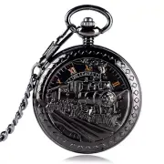 Black Running Locomotive Pocket Watch Mechanical Skeleton Hand Wind Fob Watches