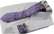 [Zasel] Mens Purple & Silver Boho Paisley Matching Neck Tie, Pocket Square, Cuff Links And Tie Clip Set Purple, Silver