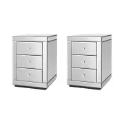 Set of 2 Bedside Table 3 Drawers Mirrored Glass - PRESIA Silver