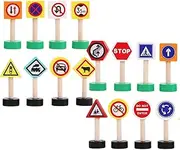 Street Traffic Sign Toy | 16X Children Road Traffic Light Toy | Crosswalk Signal Blocks, Wooden Building Set, Stop Safety Game for Kids Birthday
