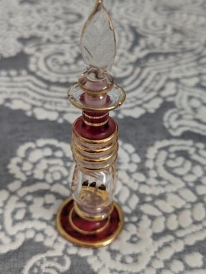 Perfume Bottle, Blown Glass, Cranberry With Gold, Hand Crafted, Vintage 4"