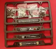 Audi MB BMW Cadillac Carbon Fiber Look License Plate Frame w/Hardware, Stem Caps