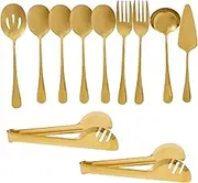 10Pcs Stainless Steel Metal Serving Utensils Metal Serveware Elegant Serving Set with Serving Spoons Forks Tongs Slotted Spoon Ladle Pie Server for Buffet Parties (Gold)