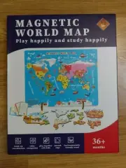 Educational Double Sided Wooden Magnetic World Map Flags Stand Cards Puzzle