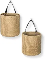 2 Pack Hanging Baskets, Hanging Boho Wall Decor Storage Basket, Cotton Rope Woven Wall Basket with Handles for Home Decor, Farmhouse Storage Basket, Clutter Storage, Bathroom Storage.