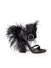 Black Satin Feather Trim Block Heels
