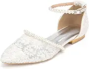 [YUHATRG] Women's Pearl Lace Ivory Pointed Toe Wedding Flat Bride Dress Shoes