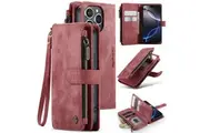 CaseMe C30 For Apple iPhone 16 Plus Vintage Leather Folio Zipper Wallet Case with Magnetic Closure and 7 Card Slots (Red)