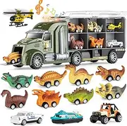 13 in 1 Lights and Sound Dinosaur Truck Toys,12pcs Dinosaur Car Vehicles Inside Transport Carrier Truck Playset,for Kids Age3+Gift,Imagination Game