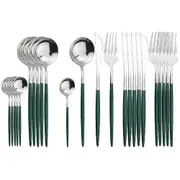 24Pcs Stainless Steel Dinnerware Set Kitchen Green Gold Cutlery Set Knife Fork Spoon Flatware Tableware Minimalist Silverware green/silver