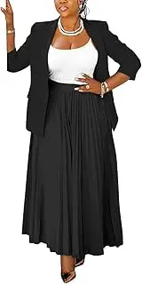 [GHAKKE] Women's Plus Size 2 Piece Suits Fashion Business Outfits Open Front Blazer and High Waist Pleated Maxi Skirt Sets