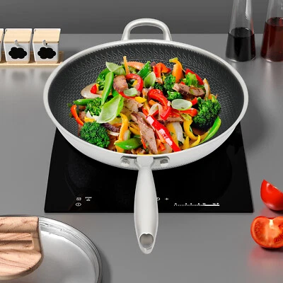 Non Stick Double Sided Honeycomb Cooking Frying Wok Pan with Lid Stainless Steel