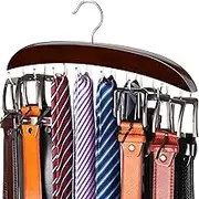 YYILIS Belt Hanger, 14 Hooks Holder for Closet, Wooden Tie/Belt Rack Storage, 360°Rotating Belts Organizer Closet Space Save Tie, Tank Top, Scarf-Walnut Wood with Chrome