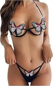 [yoneoisuou] Women Sexy Lingerie Set - Butterfly Embroidered Ultra-Thin Halterneck See-Through Underwear Suit Cage Bra + Lace Up Thong