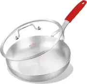 10Inch Tri-Ply Stainless Steel Pan with Lid, Induction Stainless Steel Frying Pa