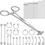 [Honoson] 41 Pieces Body Piercing Tool Kit Include Septum Forceps Clamp Pliers 20 Pcs 316L Stainless Steel Piercing Needles and 20 Pcs Nose Ring Hoop Jewelry for Ear Lip Belly Navel Tongue (Classic Style), 41