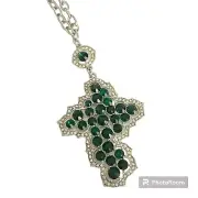 Celtic Cross Necklace Green Crystals Simulated Emeralds Silver Rhodium Plated