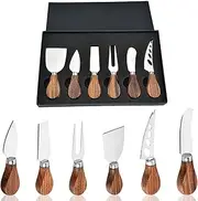Powerful 6 Pcs Cheese Knife Set, Charcuterie Board Accessories, Cheese Knives with Acacia Wood Handles, Small Cheese Cutting Knife Slicer Cutter Fork Spreader Tool for Party Wedding Christmas