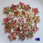 30pcs 15mm Mix Floral Star Shape Wooden 2 Hole Buttons