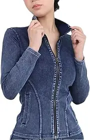 [DSAoTeng] Women Full Zip Athletic Stretch Slim Fit Long Sleeve Denim Top-With Pockets Casual Zipper Cropped Track Sportswear for Gym Yoga