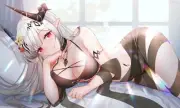 Anime girls lying on side cleavage pointy ears horns red Playmat Gaming Mat Desk